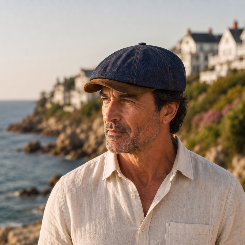 Winslow Denim Newsboy Cap on model