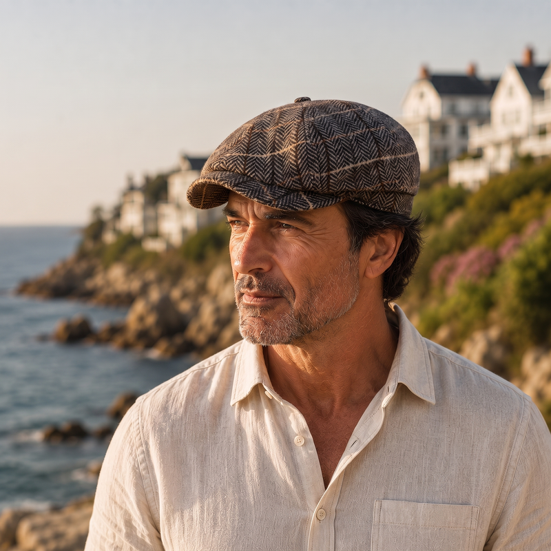 York Herringbone Newsboy Cap on model